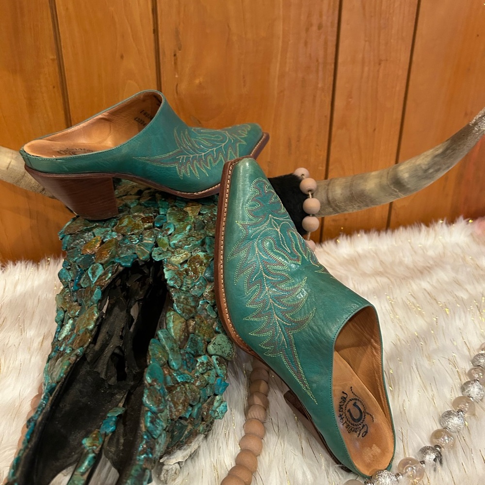 Double D Ranch Green Embossed Leather Mules